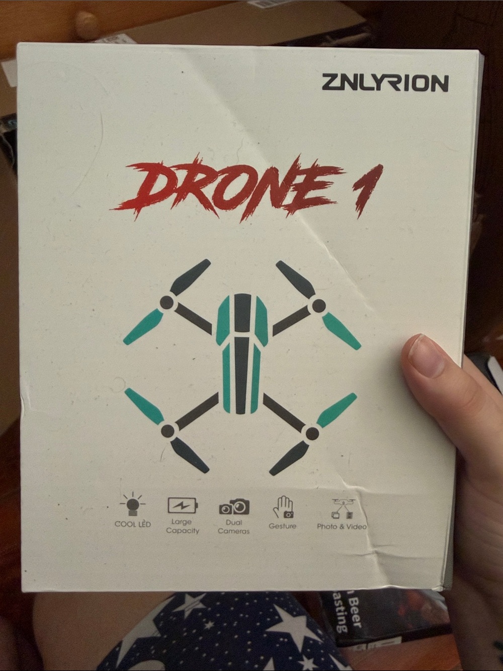 ZNLYRION Drone 1 - White Box with Teal/Black Drone Graphic